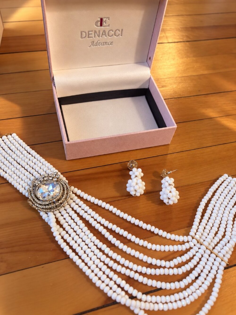 White Beaded Crystal Statement Necklace & Earrings Set